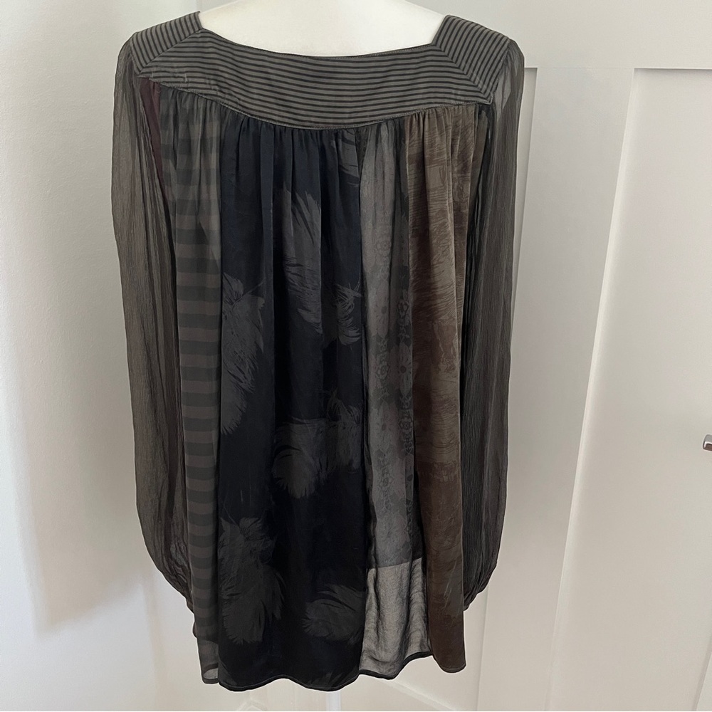 Elizabeth & James 100% Silk Olive Green Blouse patchwork floral striped Sz S*S11 - Picture 2 of 3